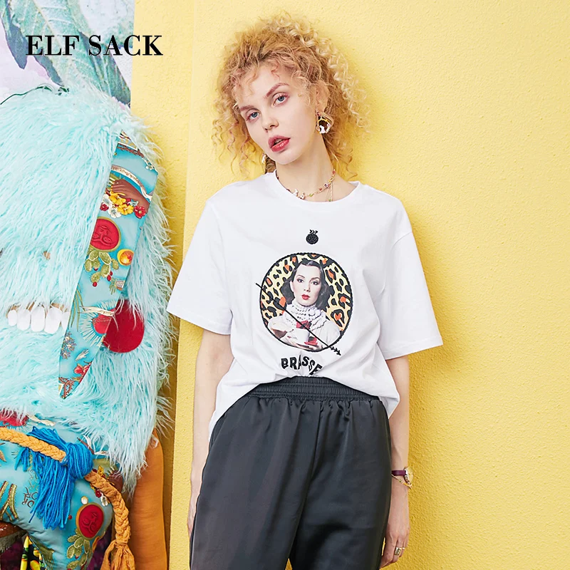

ELF SACK Summer Oversized Woman Tshirts Vintage Character Print Ladies Tees Casual Streetwear Cotton O-Neck Femme Tshirt Tops