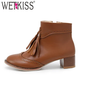 

WETKISS Wood Med Heels Women Ankle Boot Thick Plush Round Toe Pu Tassel Footwear Zip Female Boots Shoes Women 2018 Winter Black