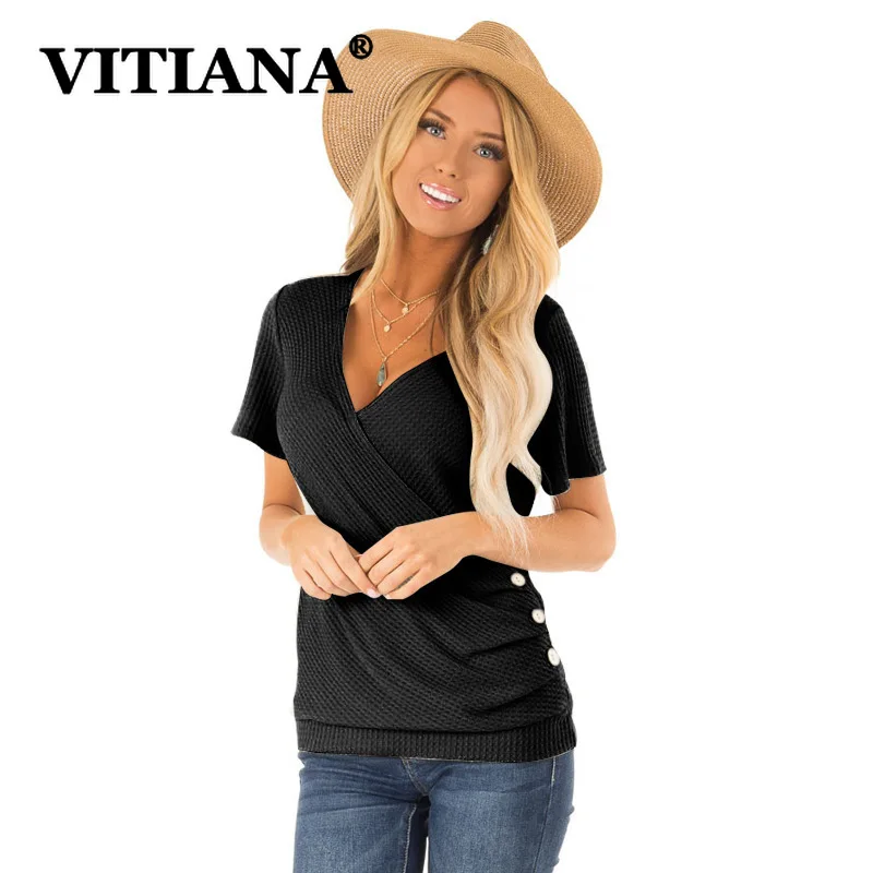 VITIANA Women Casual T-Shirt Summer Female 2019 Short Sleeve V-Neck Buttons Elegant Tees Ladies Solid Black Streetwear Tops VITIANA Women Casual T-Shirt Summer Female 2019 Short Sleeve V-Neck Buttons Elegant Tees Ladies Solid Black Streetwear Tops