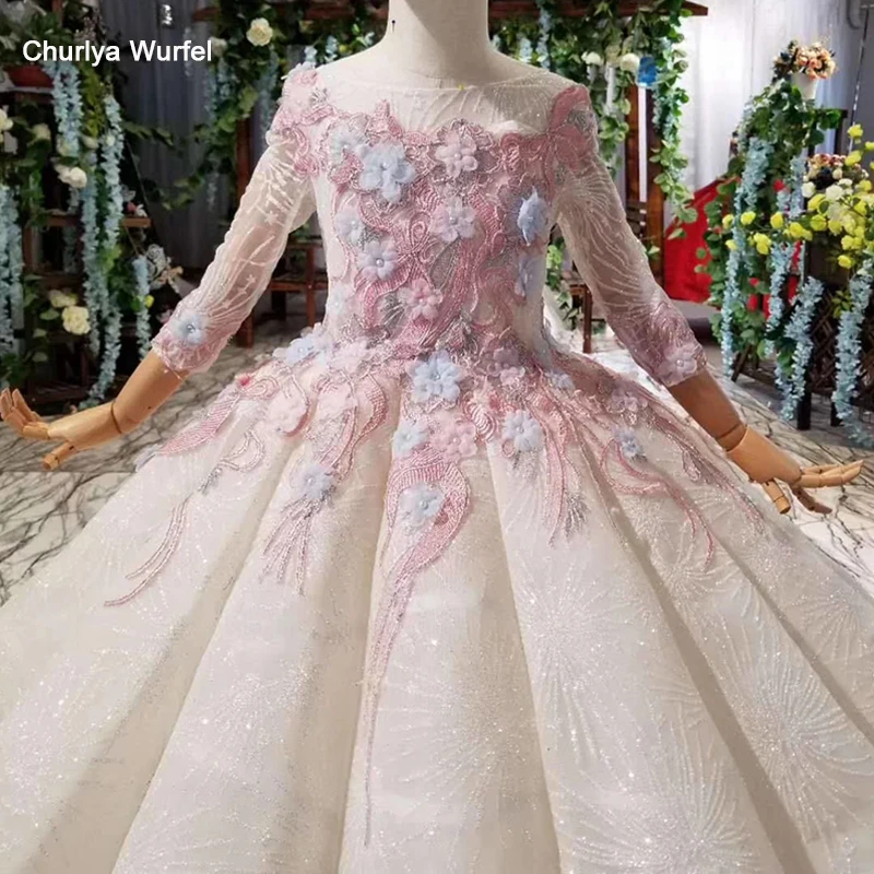 

HTL0540 ball gown pageant dresses for girls pink lace blue flower dress communion vestidos de primera comunion 2019 manga larga