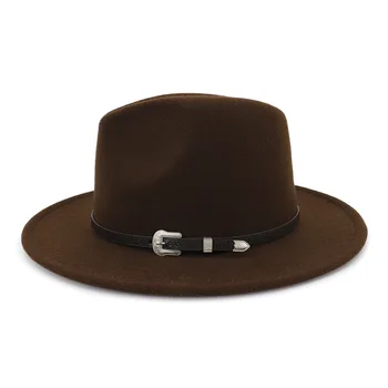 

Autumn Winter Women Felt Hat Black PU Leather Belt Buckle Men Jazz Fedoras for Ladies 13colors