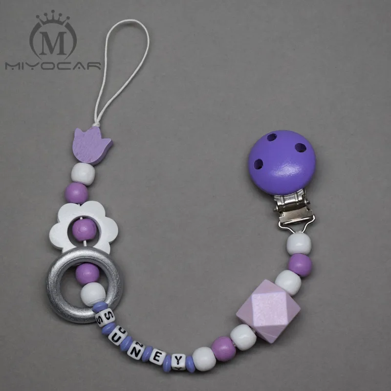MIYOCAR personalized any name purple and white wooden beads dummy clip