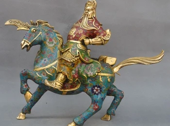 

16" Old Chinese Bronze Cloisonne guan gong guanyu Generals God Ride Horse Statue