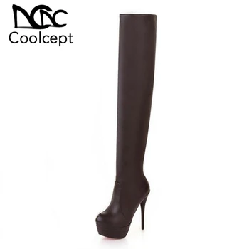 

Coolcept Size 31-43 Women High Heel Boots Over Knee Platform Shoes Female Solid Fur Botas Fashion Pointed Toe Footwear
