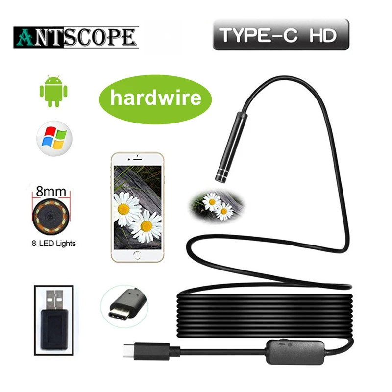 Meilleur Antscope 8mm Lentille Type C USB Endoscope Caméra Dur Tube serpent D inspection étanche Avec 8 Adjustble LED 1 5 10 m broscope 30