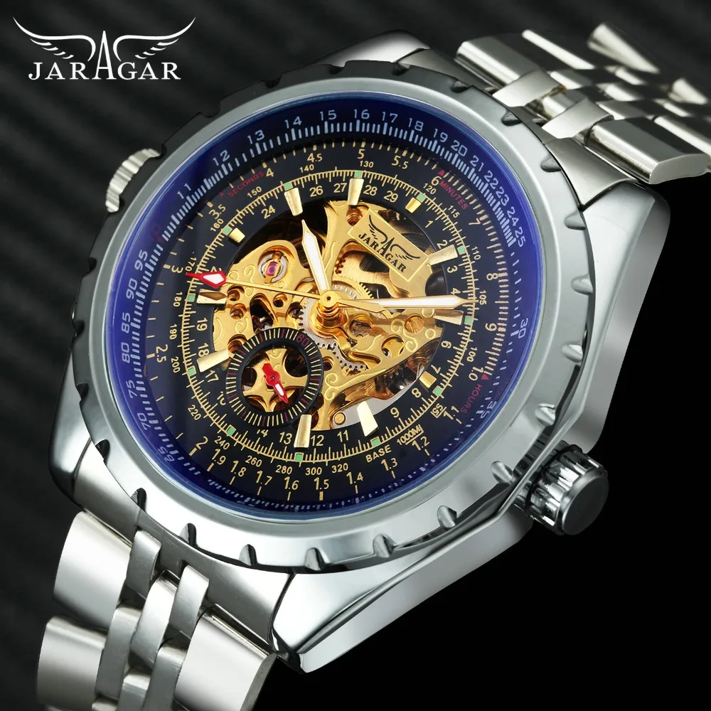JARAGAR العسكرية السيارات الميكانيكية ووتش الرجال الفولاذ المقاوم للصدأ حزام الذهبي الهيكل العظمي الطلب الأزرق مرآة حالة الكلاسيكية ساعة اليد ...
