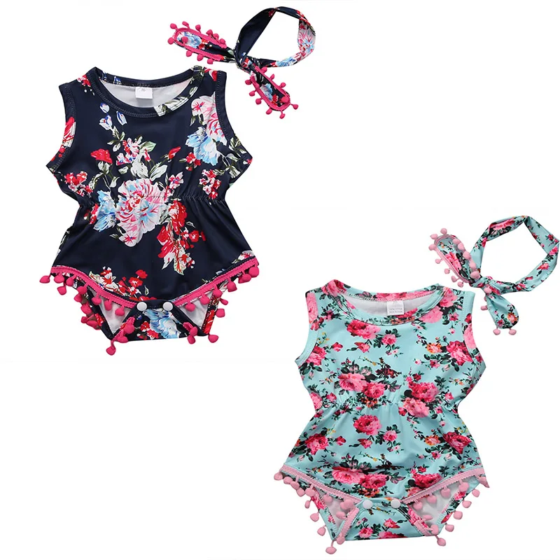 Toddler Baby Kids Girls Floral Halter Romper Jumpsuit Dress Headband Outfit 2PCs