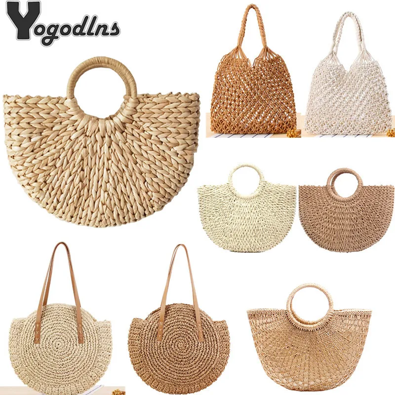 

Vintage Straw Bag Round Rattan Bags Handmade Summer Bags Woven Beach Ladies Circle Shoulder Bag Bohemia Girls Travel Handbags