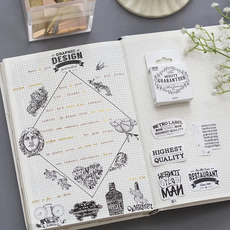 50pcs/box Vintage Black white English sealing paste Decoration Stickers DIY Planner Diary Scarpbooking Index Lable Sticker | Канцтовары
