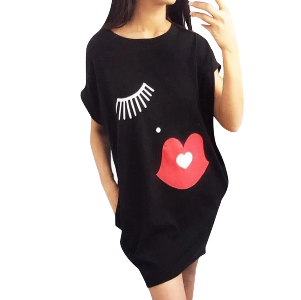 

Cotton Short Sleeve Simple Print Womens Pocket Loose Party Holiday Tops Blouse Eyelash Lip Baggy Shift Mini Dress Drop shipping