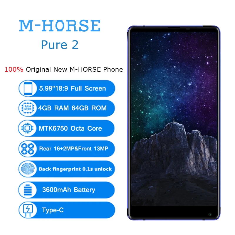 M HORSE Pure 2 4G смартфон 5 99 &quot18:9 полноэкранный Android 7 0 64GB Восьмиядерный 3600mAh 16MP