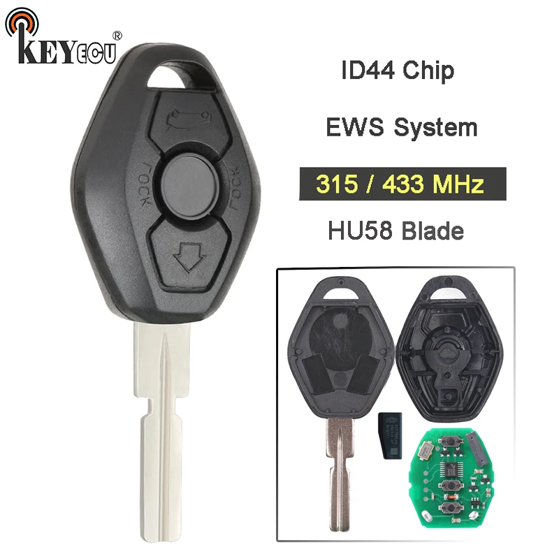 

KEYECU 315/ 433MHz ID44 Chip EWS System Rechargeable Remote Car Key Fob 3 Button for BMW 3 5 6 7 8 Series M5 M6 Z4 X3 X5 HU58