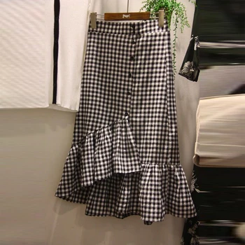 

2018 New Summer Fashion Irregular Ruffles A-line Skirts High Waist Single Breasted Plaid Ultra Long Skirt Casual Female Skirt