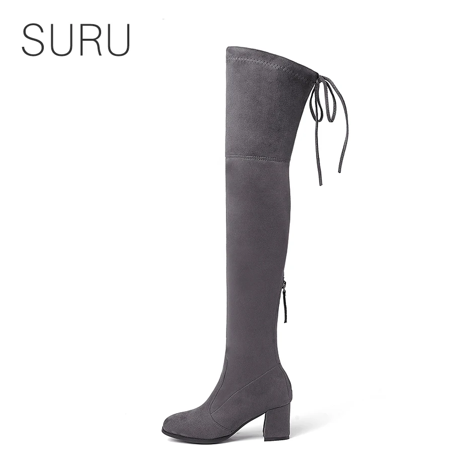 

SURU 60mm Chunky Heels Back Zip Thigh Boots Women Knee High Long Boots / Red khaki orange blue wine-red / EUR Size 34 - 43