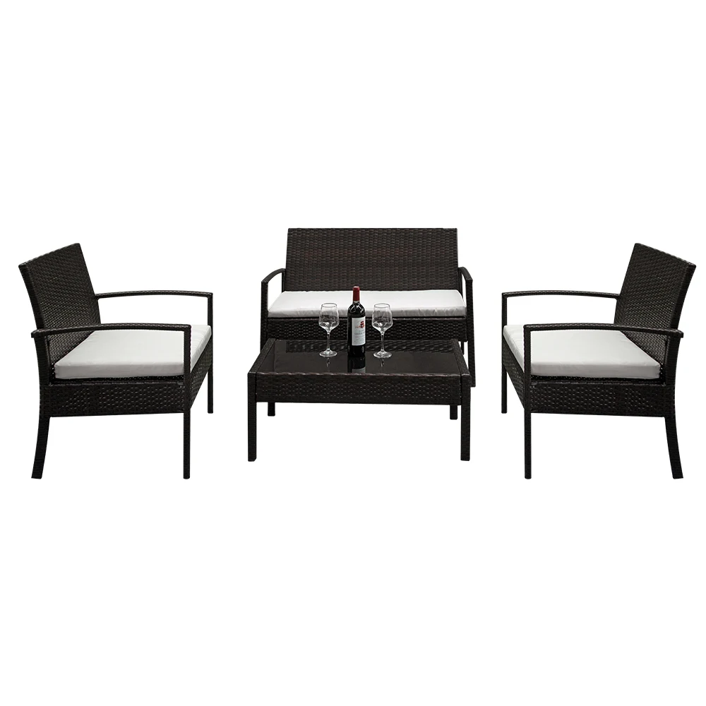 4pcs Arm Chairs Love Seat Tempered Glass Coffee Table Rattan Sofa Set