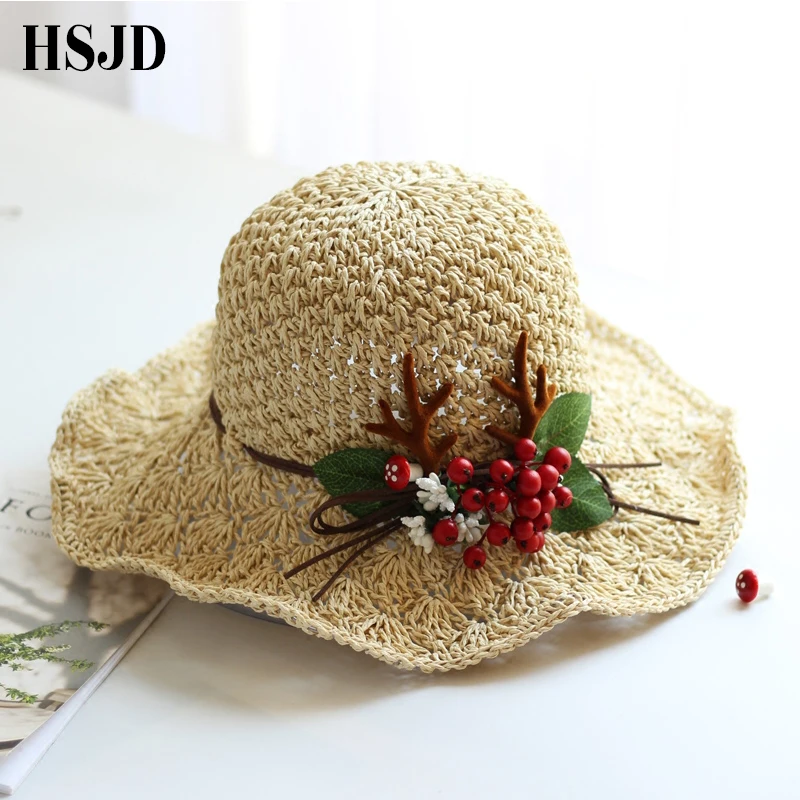

Cute Deer Horn Flower Berry Decor Female Handmade crochet Straw Hats Summer Beach Women Large Wide brim Foldable Straw Sun hat