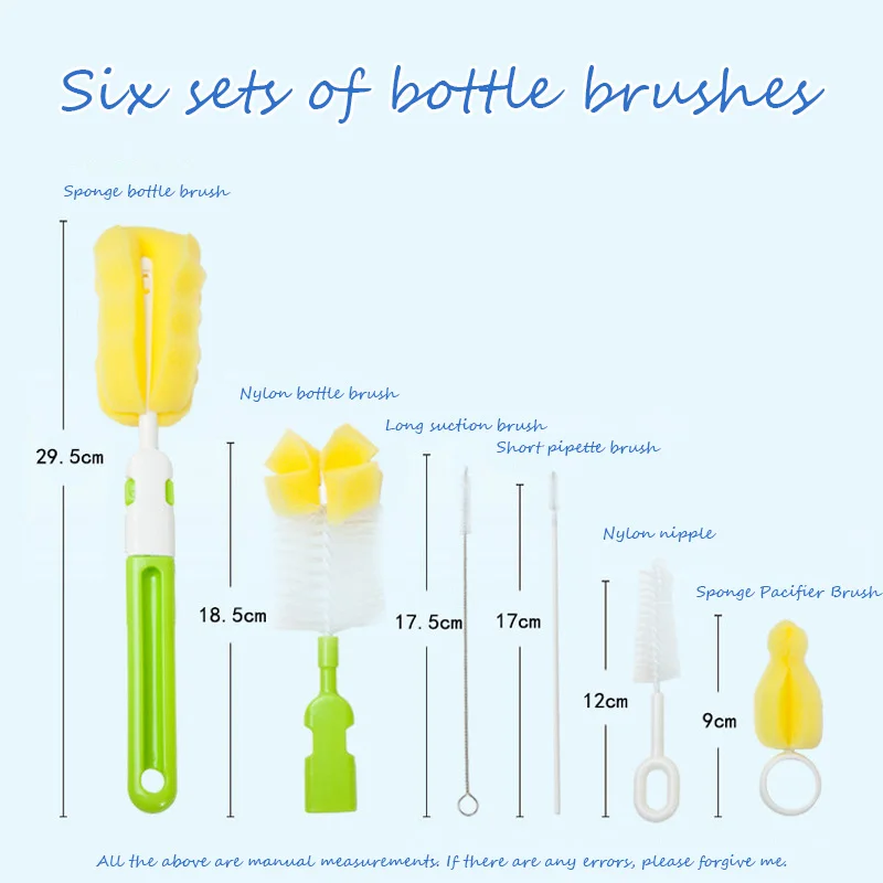 Bottle Brush Tool Set,Pacifier Brush Suction Pipe Brush 6-Piece Set,Bottle Cleaning Sponge Bottle Brush Tool Set