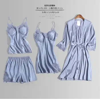 

2019 New Pure Color Ice Silk Lace Spliced Women V-neck Medium Long Robe Lace-up Sexy Lingerie Sleepwear 4 Piece Pajama Sets