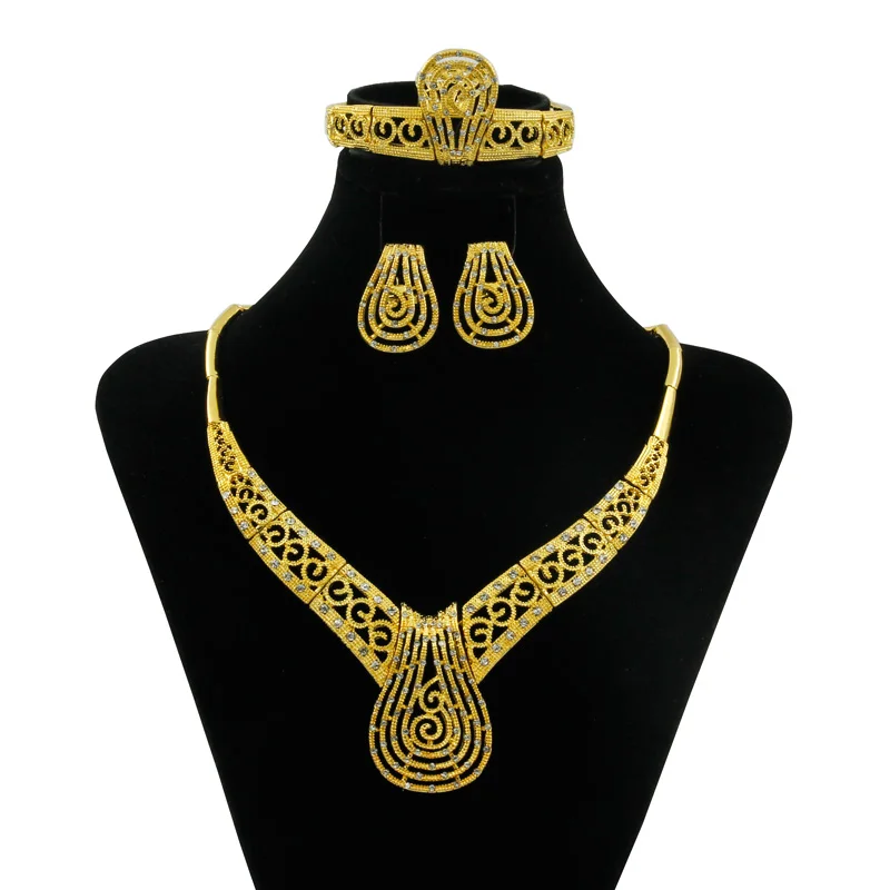 

CZ Africa New Fashion 24k Gold Jewelry Set Luxury Crystal Pattern Necklace Jewelry Dubai Charm Bride Gold Jewelry Accessories