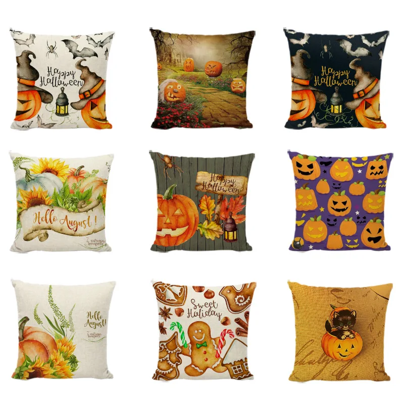 

Autumn Cushion Cover Pumpkin Linen Cotton Halloween Printed Decorate For Home Sofa Throw Pillow Cases Black Cat Maple Pillowcase