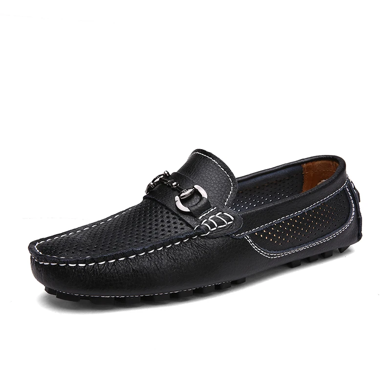 Летние Обувь мужские лоферы дышащие мужские туфли из мягкой кожи Повседневное Цвет: белый, черный, голубой - Цвет: Black