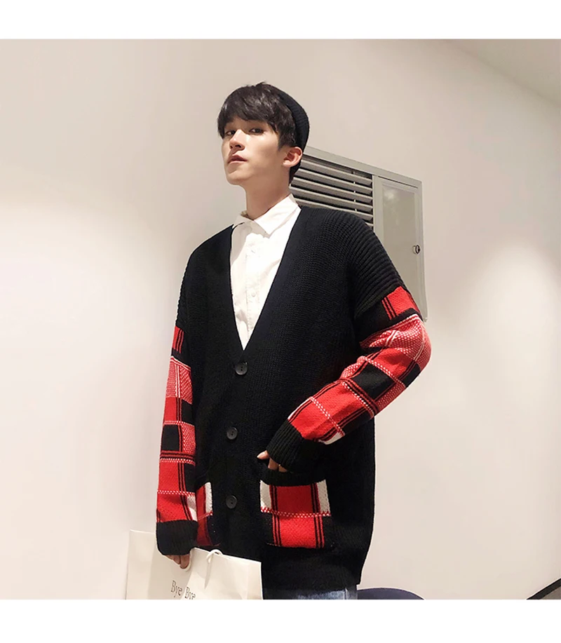 Korean Oversized Sweater Cardigan Men Plaid  (21)