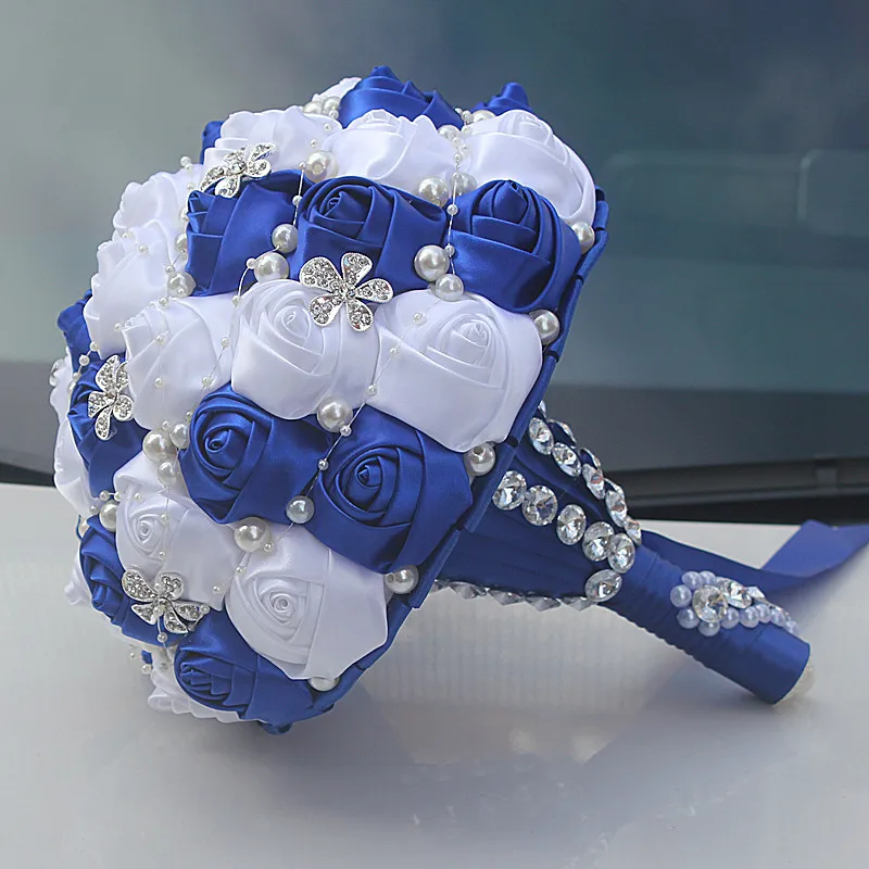 JaneVini Royal Blue and White Wedding Bouquet Diamond Fleur Satin Luxury Beaded Bridal Flowers Ribbon Rose Crystal Bouquet