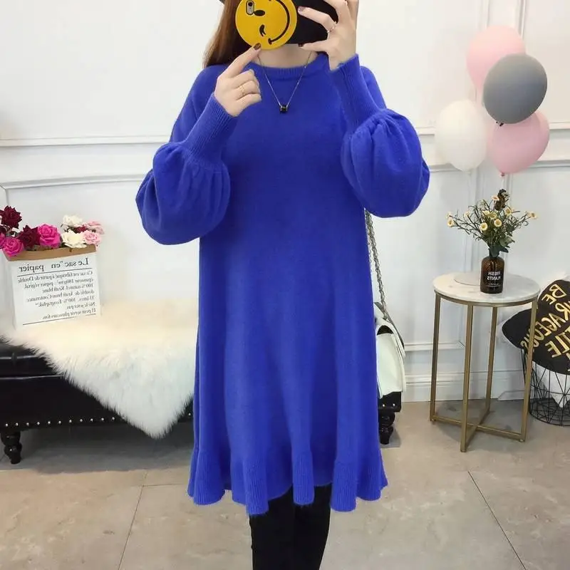 Осенне-зимнее свободное платье-свитер с длинными рукавами для беременных женщин, вязанное платье с оборками для беременных, платья для кормящих мам Q252 - Цвет: bao lan se