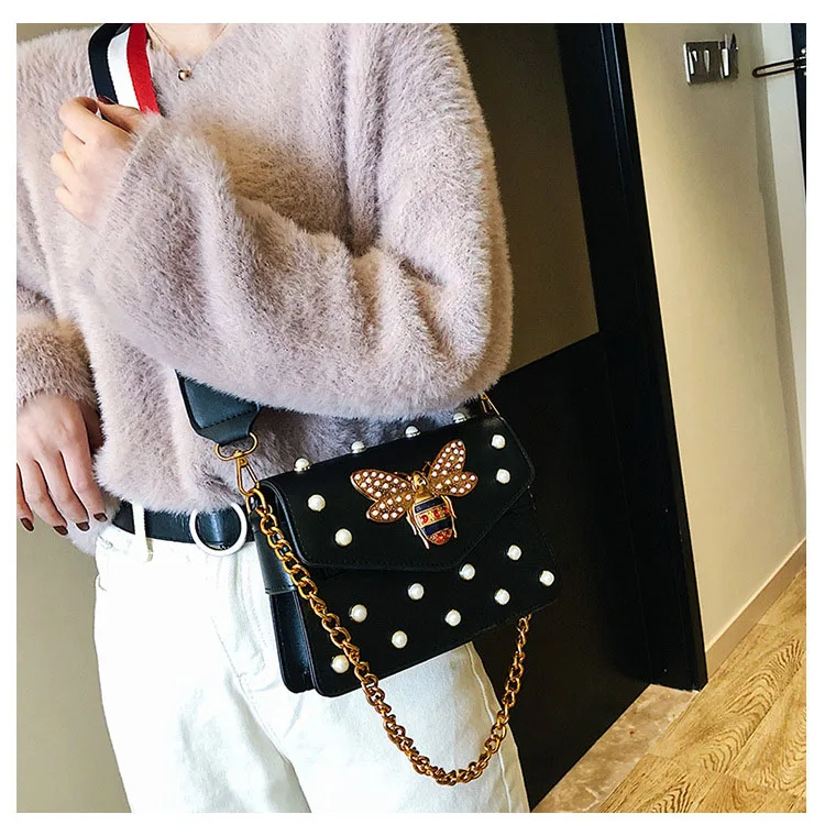 Women's Pearl Bee Leather Handbags Crossbody Bags for Women 2018 Italian Style Luxury Chain Clutch Designer Female Shoulder Bag (17)