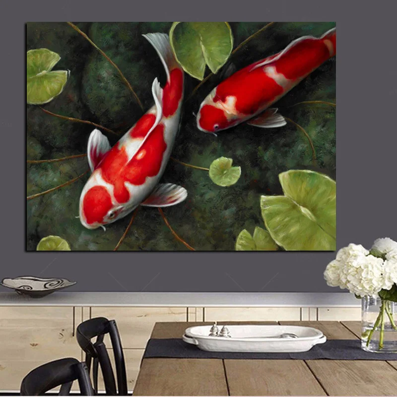 Print Chinese Koi Fish Lotus Feng Shui Animal Landscape Canvas Painting Wall Art Picture For Living Room Moder Sofa Home Decor