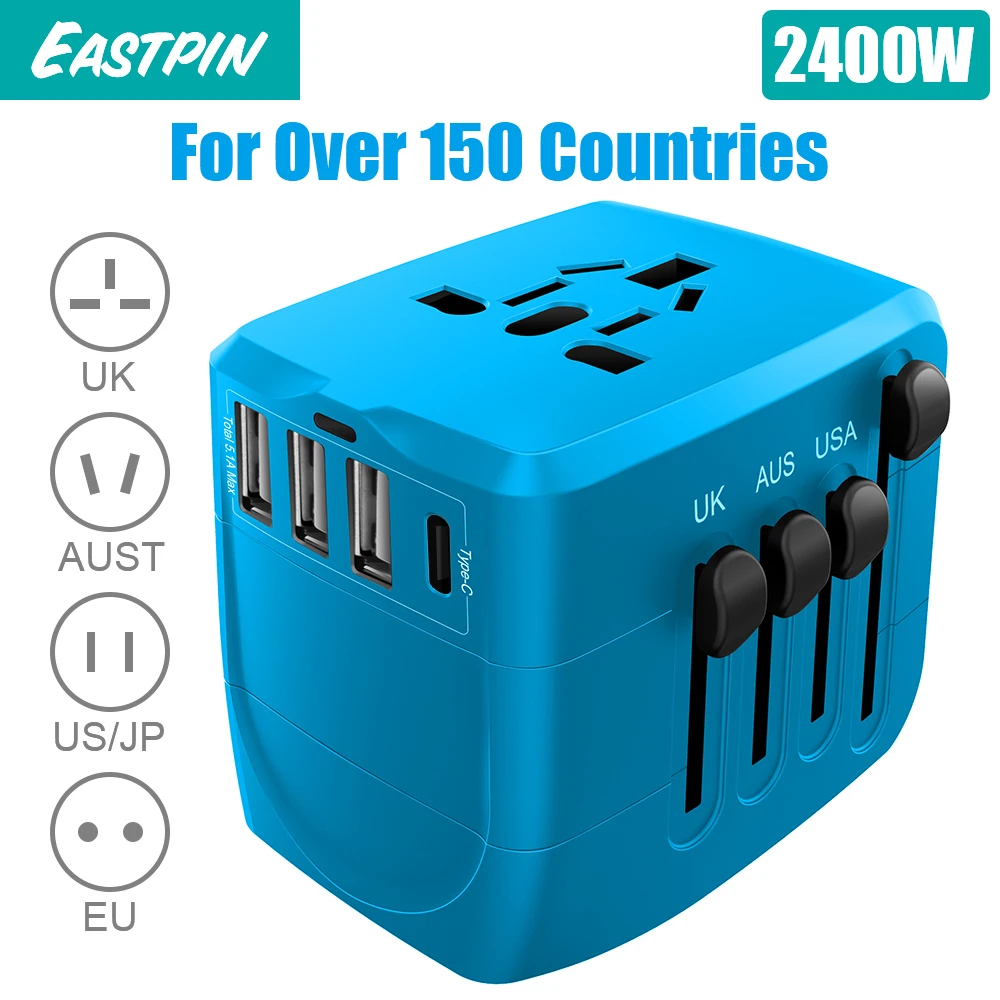 

Eastpin 2400W International Travel Power Adapter 3 USB+1 Type C Universal All in One Plug Adapter Wall Charger for UK/EU/US/Asia