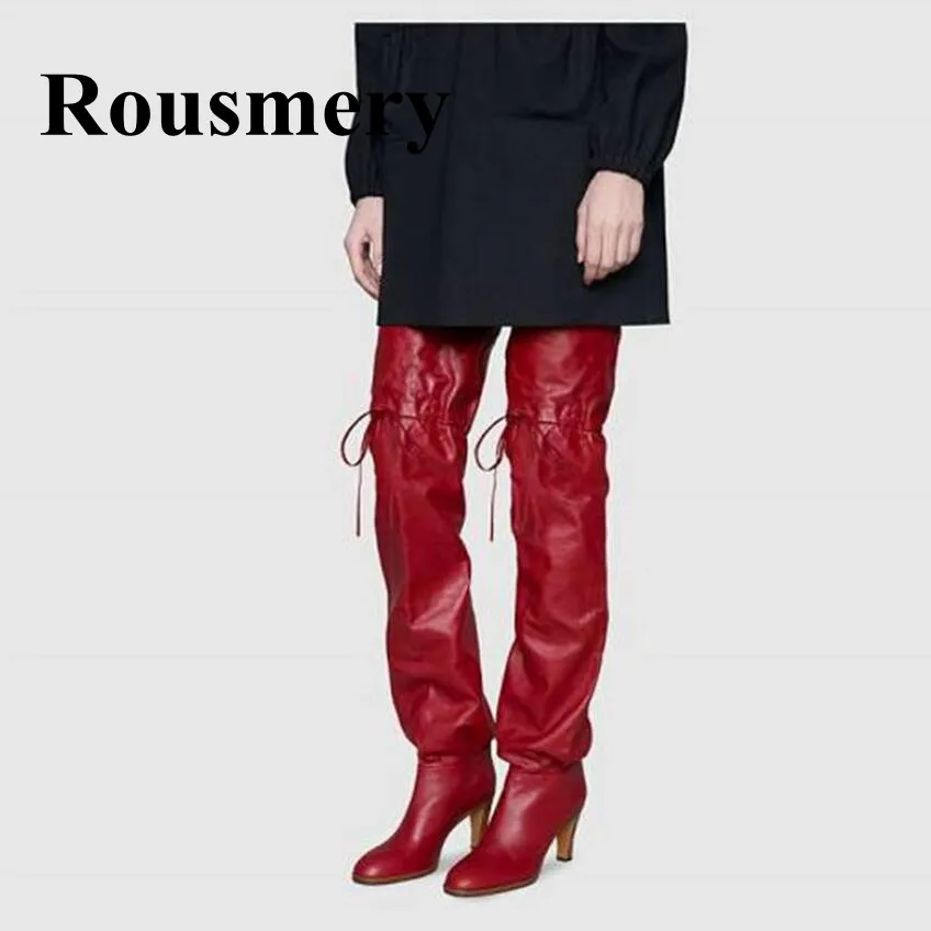 

2018 Europe Fashion Over The Knee Square Heel Pointed Toe Solid Autumn And Winter Lace Up Butterfly-knot Women Long Boots