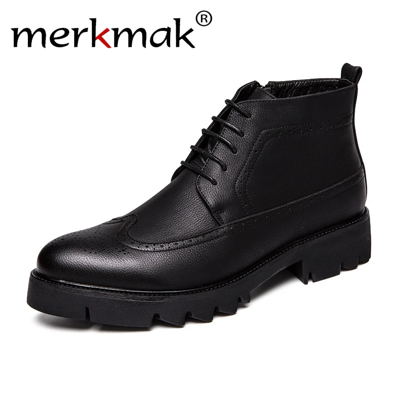 

merkmak Fashion Men Boots Winter Shoes With Fur 2018 Leather Shoes Men Warm Casual Boot Male Rubber Ankle Snow Botas Lace Up