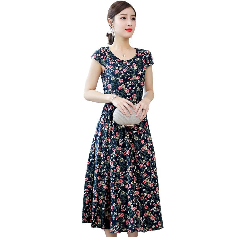 

Women's Long Dresses Women Cotton Linen Dress Woman Short Sleeve Plus Size Print Floral Summer Robe Loose Maxi Red Clothing