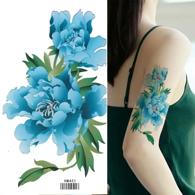 roi cheval grand bleu fleur de pivoine faux tatouage temporaire