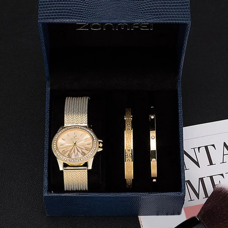 

Luxury women watches 3Pcs gift box sets high quality plated stainless steel bracelets with boxes wristwatches Mother's Day gift