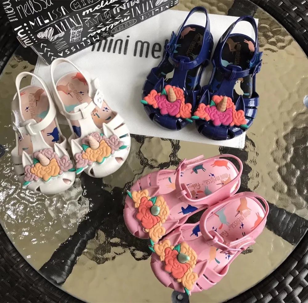 Mini Melissa/ оригинальные брендовые прозрачные сандалии с единорогом и цветами для девочек; римские сандалии для девочек; нескользящие сандалии Melissa для малышей