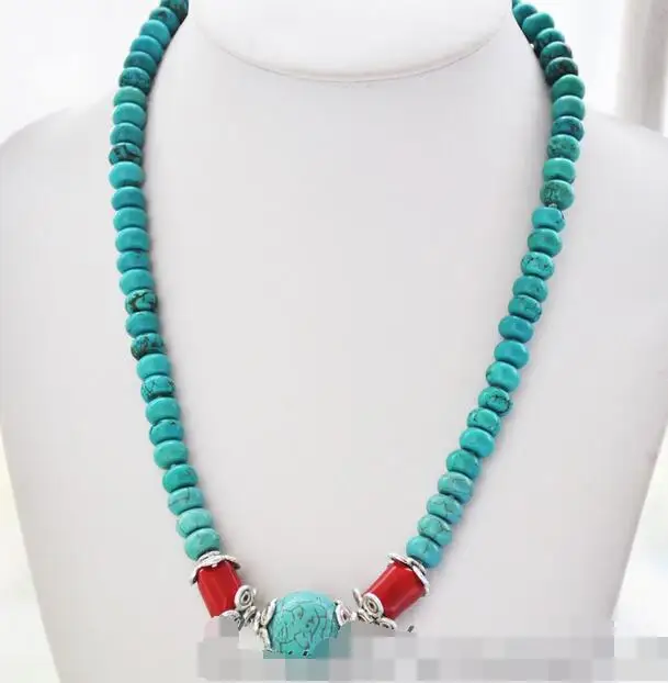 

3427 round turquoise bead red coral necklace