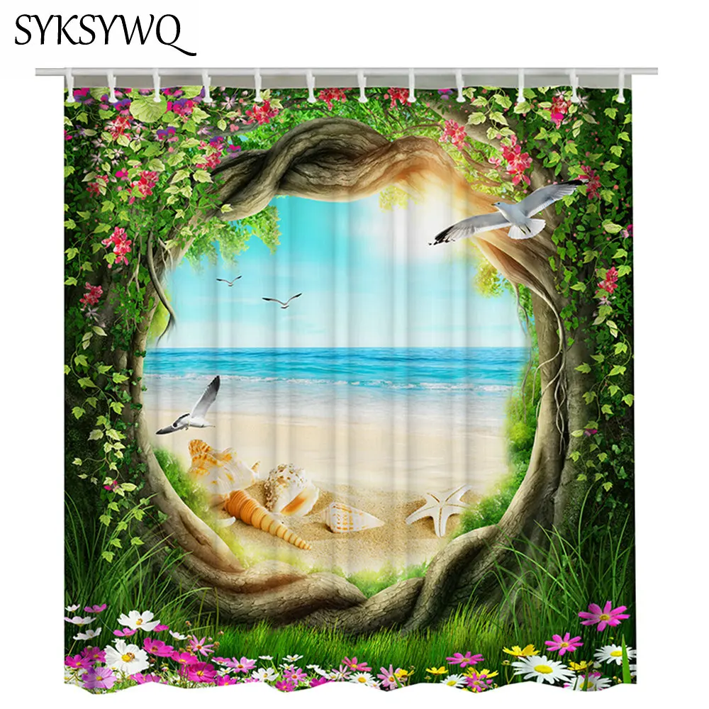 

Spring Flower Shower Curtain Fabric Waterproof Bathroom Curtain Green Tree Round Door Cortina Ducha Beach Bath Curtain Sandbeach
