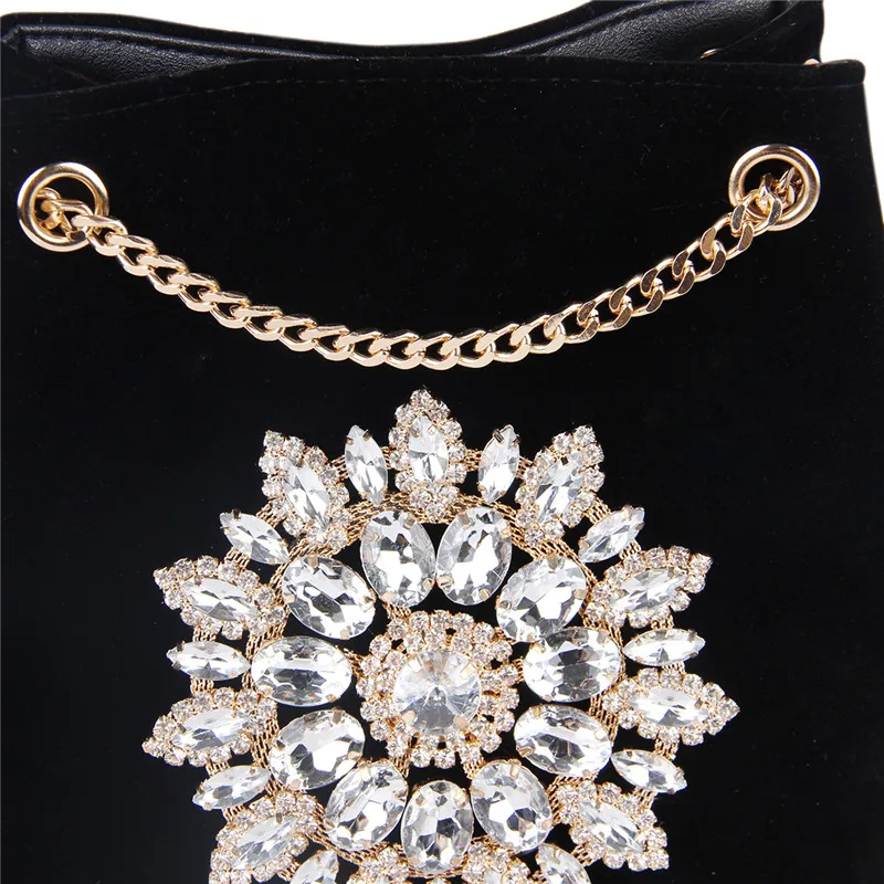 JULY'S SONG Velour Bucket Bag Women Embroidery Diamond Handbag Ladies Velvet Shoulder Bag Elegant Crystal Floral Chain Bags