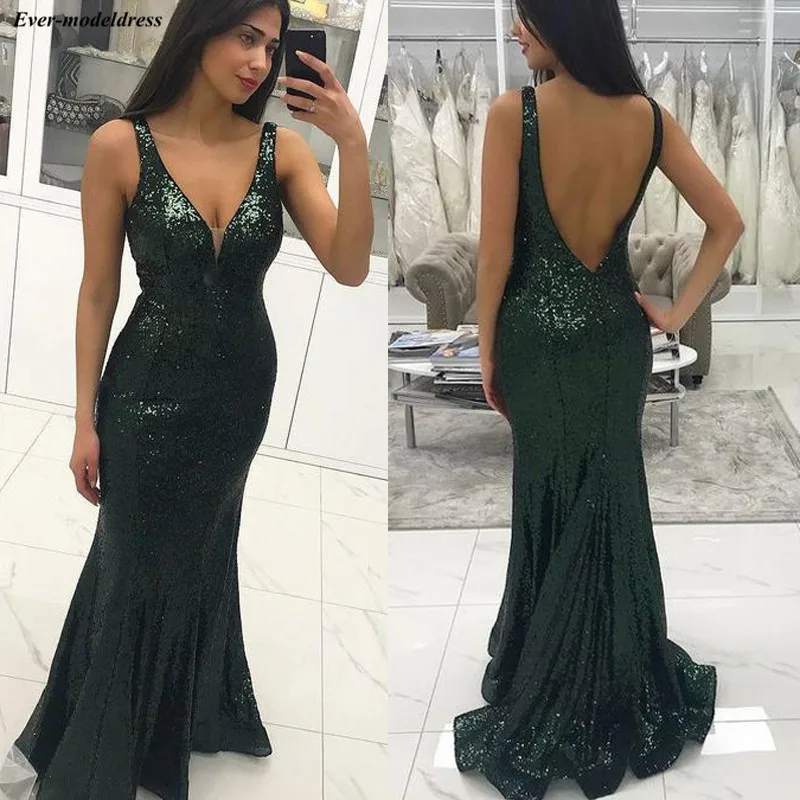 

Dark Green Sexy Evening Dresses 2019 Open Back V-Neck Floor Length Sleeveless Sequin Long Prom Party Gowns Robe de soiree