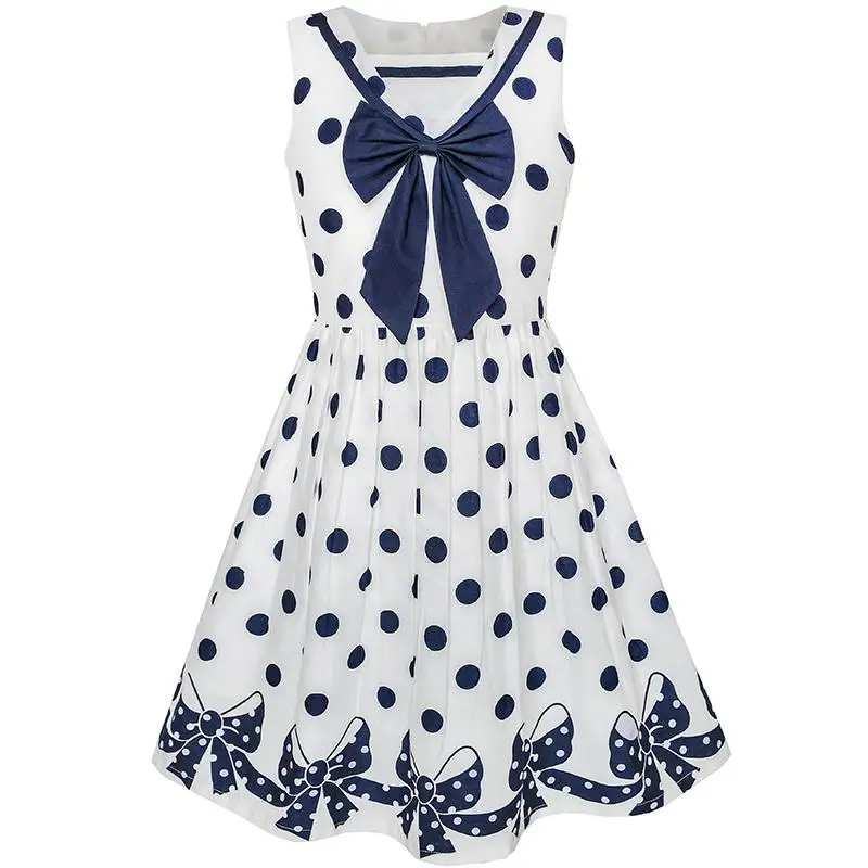 

Girls Dress Navy Blue Dot Bow Tie Back School Uniform Cotton 2018 Summer Princess Wedding Party Dresses Size 5-12