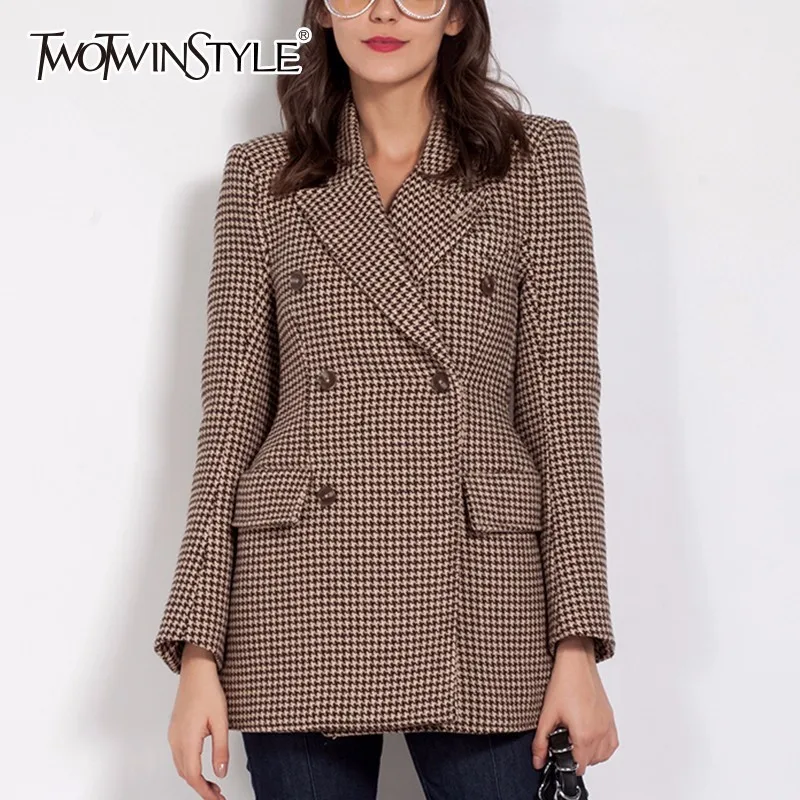 TWOTWINSTYLE Plaid Women's Blazer Tunic Lapel Collar