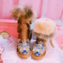 Женские зимние сапоги до колена ручной работы со стразами; зимние замшевые сапоги с мехом енота; женские теплые плюшевые ботинки на плоской подошве; зимняя обувь; Botas