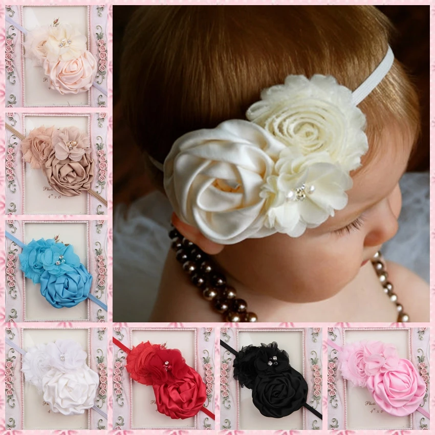 

wholesale children's shabby chiffon flower hair accessories hand-sewn beads flower headband baby hair band satin roses turban
