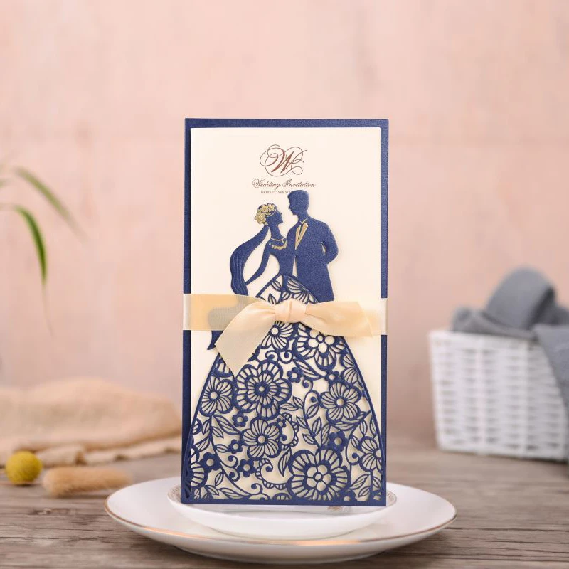 

50pcs Laser Cut Wedding Invitations Card Bride And Groom Print Greeting Cards With Ribbon Wedding Decoration Party Supplies