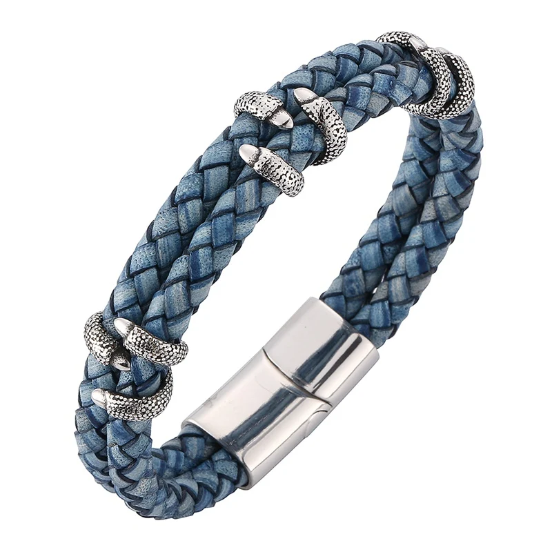 

Fashion bracelet Men Blue Genuine Leather Bracelet Stainless Steel paw Bracelets Bangles Magnetic Clasp Male wristband BB0249L