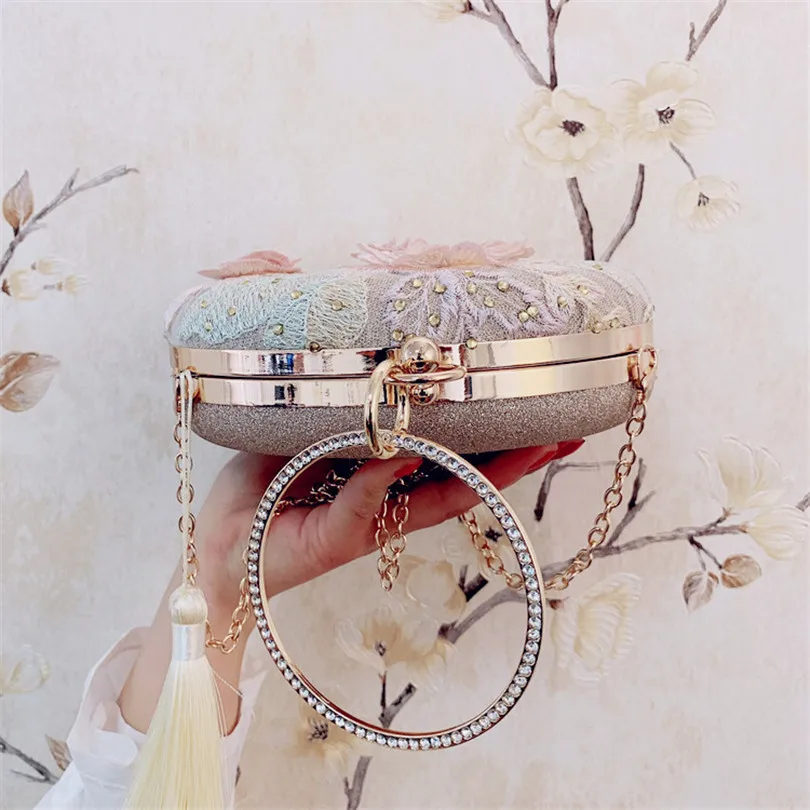 Модная дизайнерская женская вечерняя сумочка с цветочной вышивкой, креативная дамская сумочка, Роскошные Жемчужные клатчи, круглая цепочка Курьерская сумка