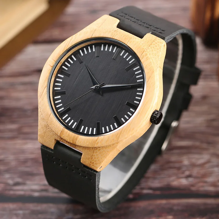 Top Quality Luxury Men's Natural Wood Watches Black Genuine Leather Band Quartz-watch Male Sports Analog Reloj de madera Gift (8)