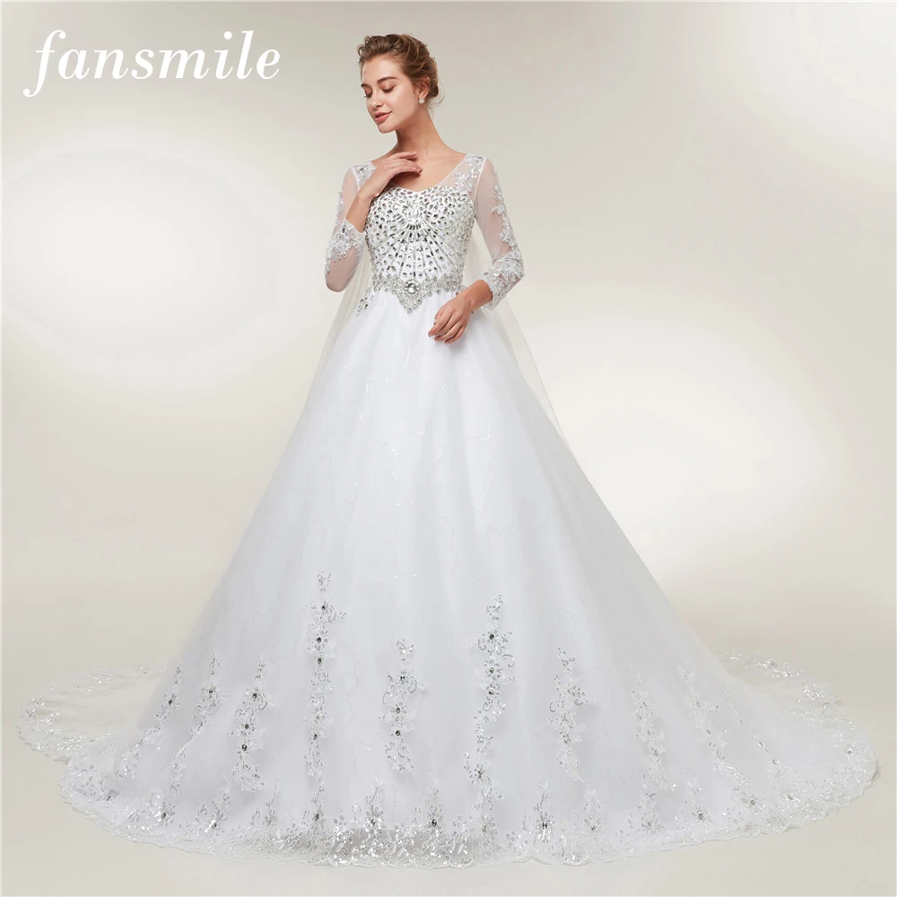 Fansmile/кружевное свадебное платье с длинными рукавами и кристаллами Vestido De Noiva, подвенечные Свадебные платья на заказ, большие размеры, FSM-405T